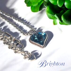 BRIGHTON Bibi Blue Swarovski Gem Heart Reversible Silver Pendant Necklace